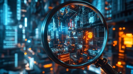Magnifying glass focusing on a complex digital city, with intricate circuit boards and data streams in the background.