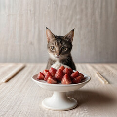 Cute kitten with fresh strawberries on a plate
