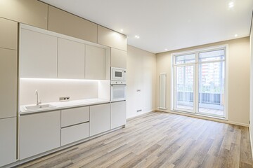 interior apartment kitchen and dining room, refectory area, cooking equipment, table furniture, stove