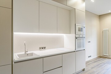 interior apartment kitchen and dining room, refectory area, cooking equipment, table furniture, stove