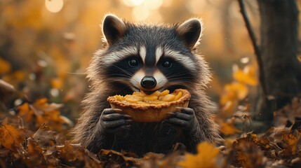 Raccoon eating apple pie in autumn leaves.