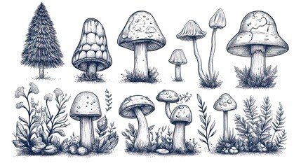 A set of simple doodle line art drawings