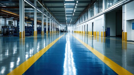 Modern factory interior with blue and yellow floor markings.