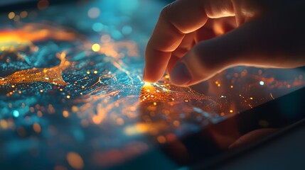 Finger Interacting With Luminous Digital Data Network