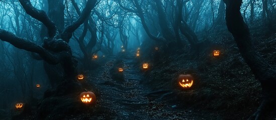 Obraz premium Spooky Halloween Forest Path with Jack-o'-lanterns. (1)