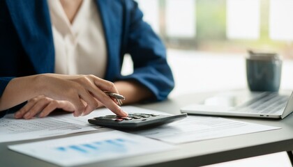 Tax deduction planning concept. Women use a calculator to calculate expenses and taxes to receive tax deductions for personal individual Income. tax return for individual persons.monthly expenses