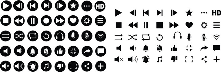 Media player icon set. Multimedia music audio control Media player interface symbol Play pause skip stop vector collection isolated on transparent background for mobile app website UI operation