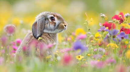 Adorable Lop-eared Rabbit in a Vibrant Wildflower Meadow