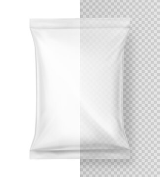 Clear pillow bag mockup isolated on white and transparent background. Realistic vector illustration. Ready to use for your design.  EPS10.