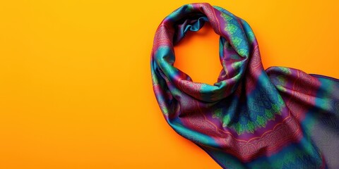 Vibrant paisley patterned silk scarf on a bright orange background, perfect for fashion or textile design inspiration