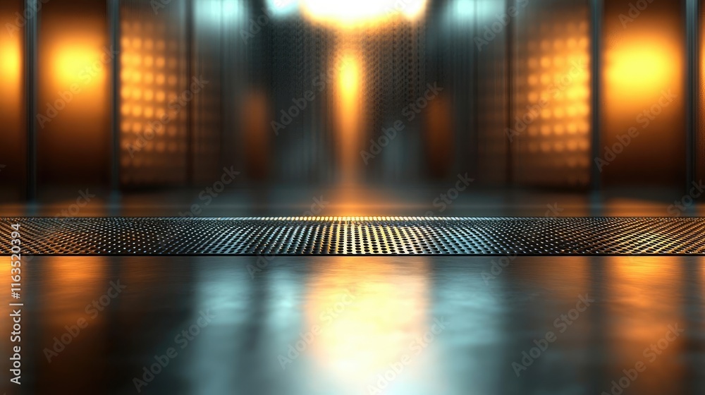 Poster brushed abstract background concept. futuristic interior with illuminated backdrop and metallic floo