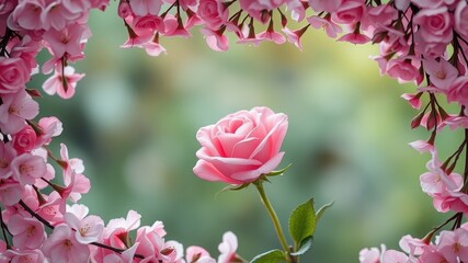 Obraz premium A Single Pink Rose Framed by Delicate Pink Blossoms in a Heart Shape