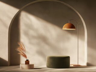 A modern editorial setup in deep plum, moss green, and warm amber, with soft, directional lighting for beauty product campaigns