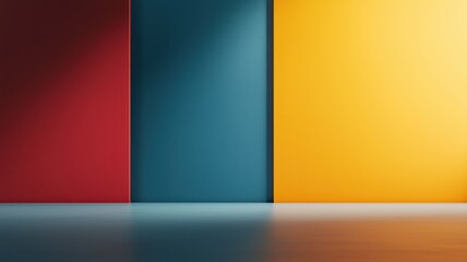 Naklejka premium A triadic matte backdrop in royal blue, golden yellow, and crimson red, styled with soft lighting for bold fashion accessory advertisements