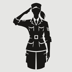 simple, flat, and minimalist silhouette of a soldier woman saluting, black color, white background