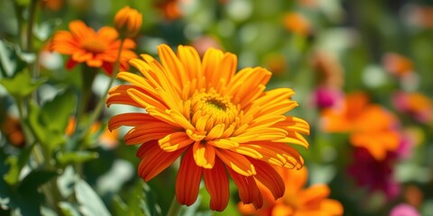 Vibrant orange flower blossoms in a lush green garden, showcasing a close-up view of a single bloom with blurred background of similar flowers