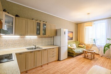 interior apartment kitchen and dining room, refectory area, cooking equipment, table furniture,...