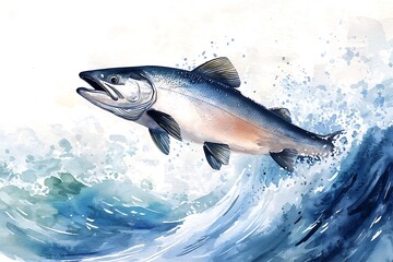 Watercolor Painting of a Salmon Leaping Through a Wave.