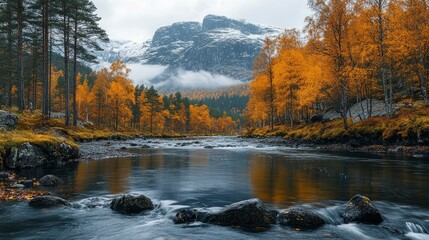 Fototapeta premium Serene Autumn River in the Norwegian Mountains