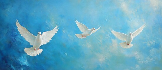 Three white doves flying in a vibrant blue sky.