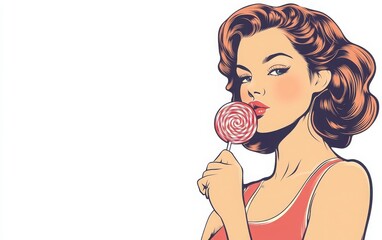 A woman enjoying a lollipop, capturing a playful and sweet moment with retro charm, depicted in vintage line art style on a white background
