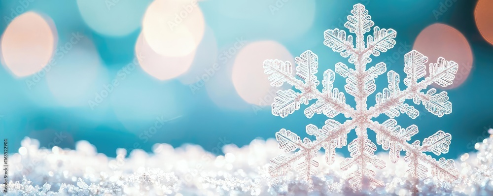 Poster Snowflake abstract background idea. Delicate snowflake on soft snow creates a winter wonderland scene of purity and beauty.