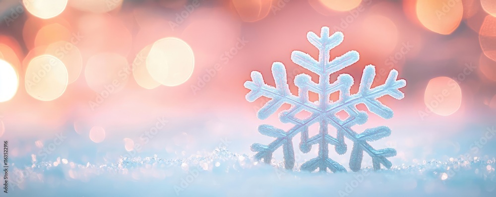 Poster Snowflake abstract background idea. A delicate snowflake resting on soft snow, illuminated by colorful winter lights.