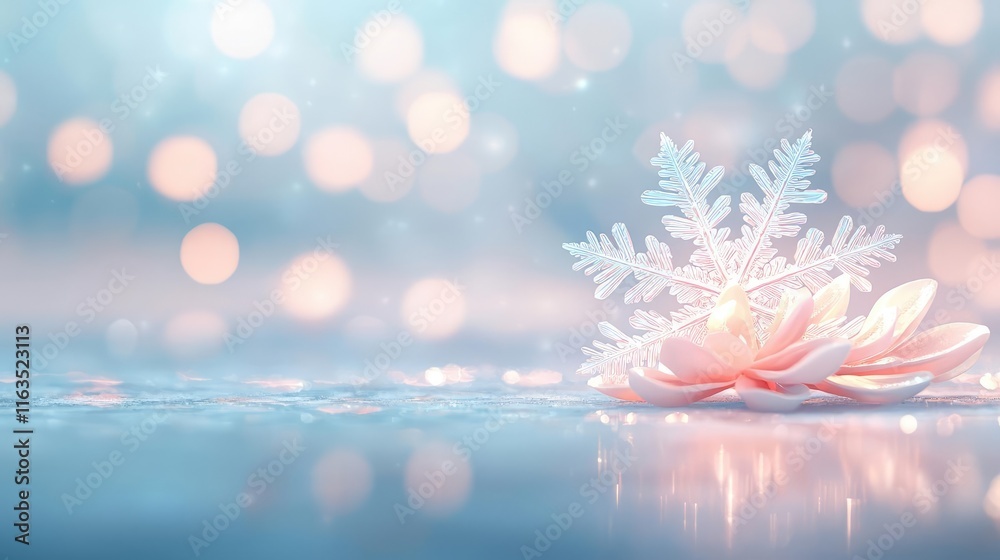 Aufkleber Snowflake abstract background idea. A delicate snowflake rests on a soft petal, creating a serene winter atmosphere.