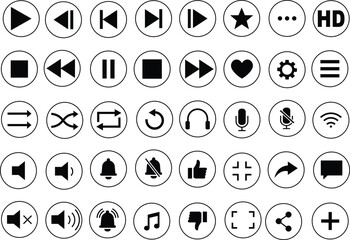 Media player icon set. Multimedia music audio control Media player interface symbol Play pause skip stop vector collection isolated on transparent background for mobile app website UI operation