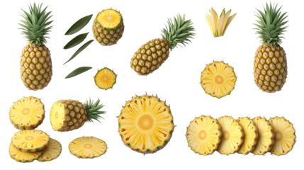 high-resolution PNG image features a detailed composition of a whole, sliced, and topped pineapple, showcasing its spiky exterior, juicy interior, and vibrant green leaves