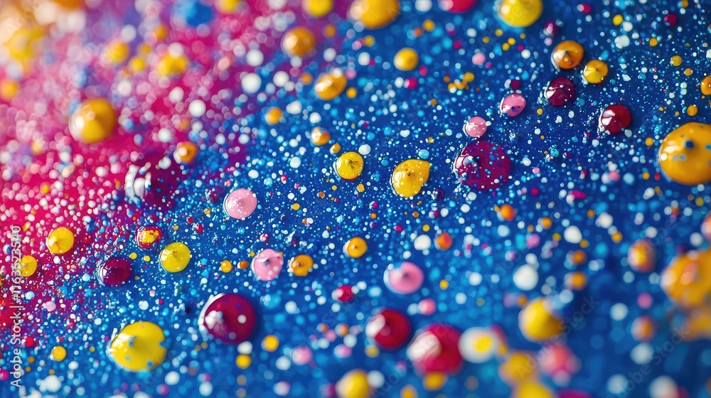 Poster Splatter abstract background concept. Vibrant abstract background with colorful droplets and sparkling textures.