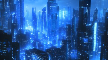 Futuristic Cityscape Illuminated By Blue Neon Lights