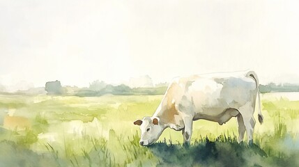 Watercolor painting of a white cow grazing in a grassy field on a bright day.
