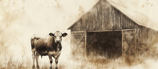 Rustic Countryside Scene with Cow and Barn.
