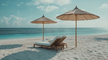 Fototapeta premium Tranquil Beach Paradise: Sun-Kissed Sands and Azure Waters