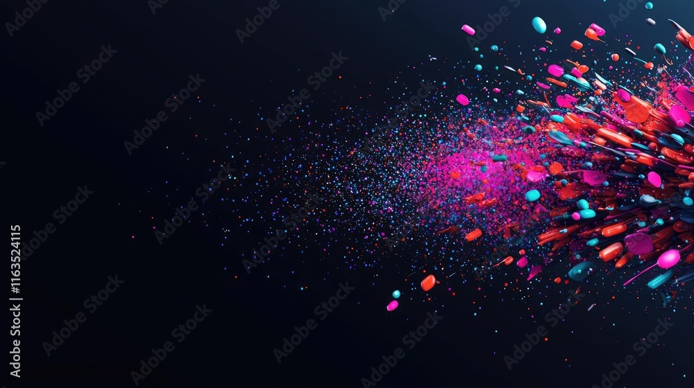Poster splatter abstract background concept. vibrant explosion of color particles against a dark background