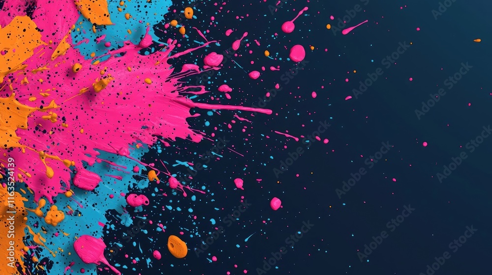 Poster splatter abstract background concept. vivid splashes of pink, orange, and blue paint create a dynami