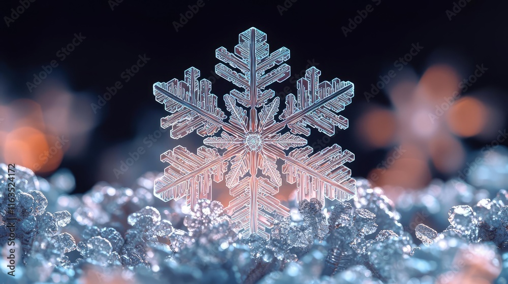 Poster Snowflake abstract background idea. A close-up of a delicate snowflake resting on soft, shimmering snow.
