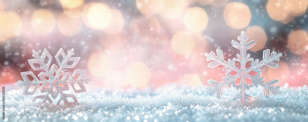 Poster Snowflake abstract background idea. Delicate snowflakes on soft snow with a dreamy bokeh background, evoking winter charm.