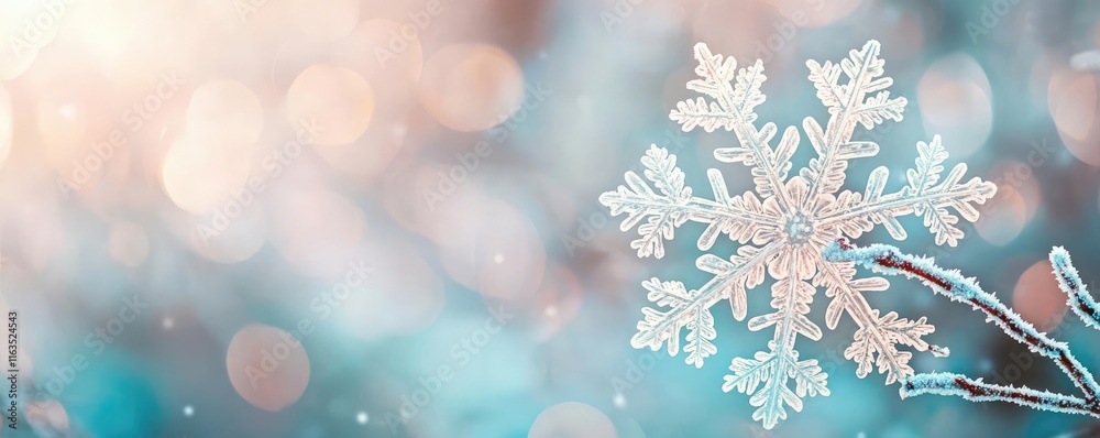 Poster Snowflake abstract background idea. A delicate snowflake glistens against a softly blurred winter background.