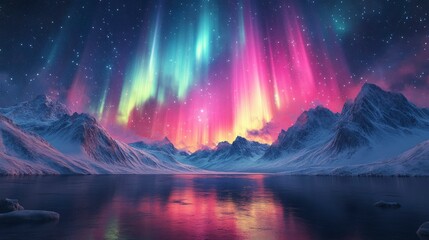 Magical Aurora Borealis over Snow-Covered Mountains and Frozen Lake