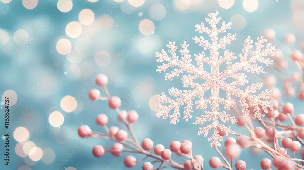 Aufkleber Snowflake abstract background idea. A delicate snowflake resting on a branch with blurred lights in the background.
