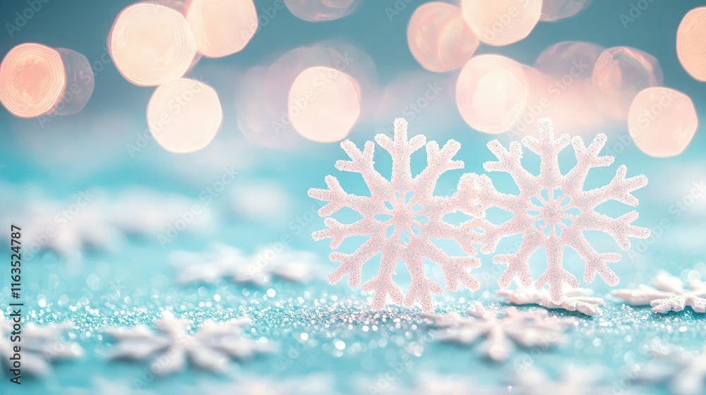 Poster Snowflake abstract background idea. Delicate snowflakes create a serene winter atmosphere with sparkling bokeh background.