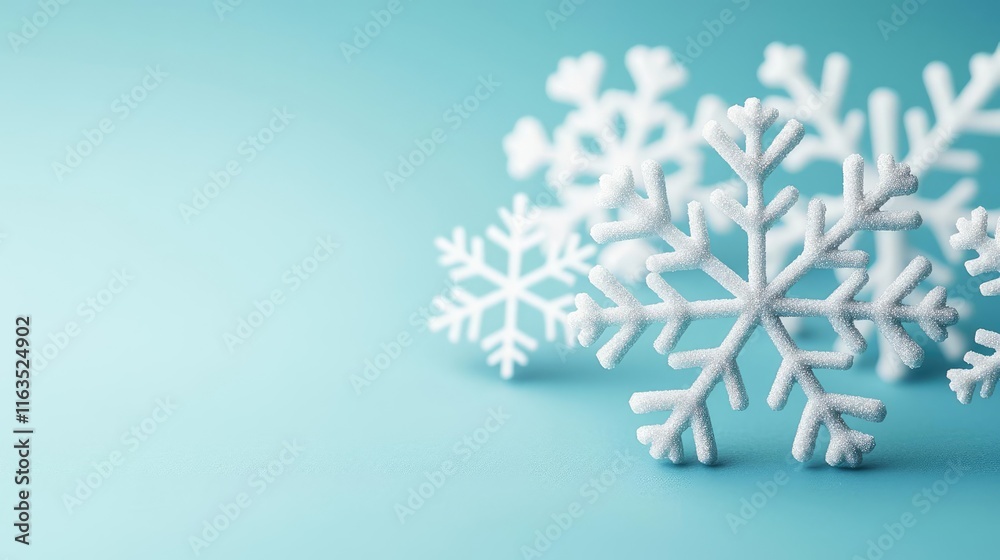 Poster Snowflake abstract background idea. A close-up of beautiful snowflakes on a soft blue background, creating a winter feeling.