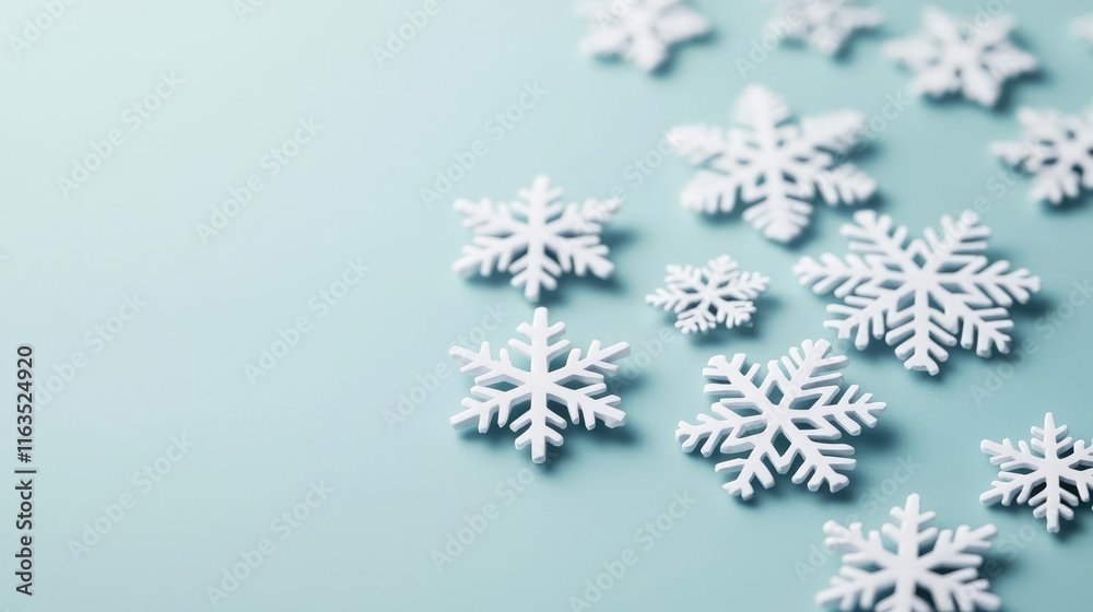 Poster snowflake abstract background idea. delicate snowflakes scattered on a light blue surface, capturing