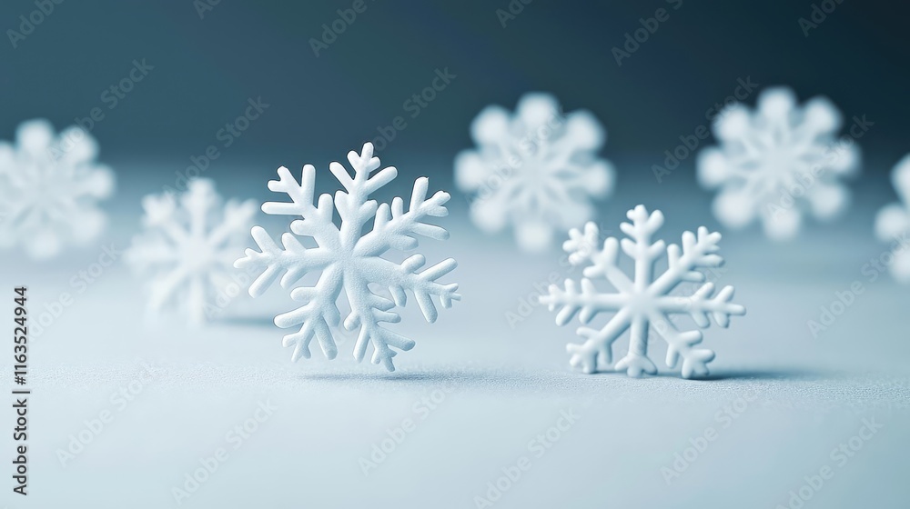 Poster Snowflake abstract background idea. Delicate snowflakes arranged artfully on a soft background, capturing winter's beauty.
