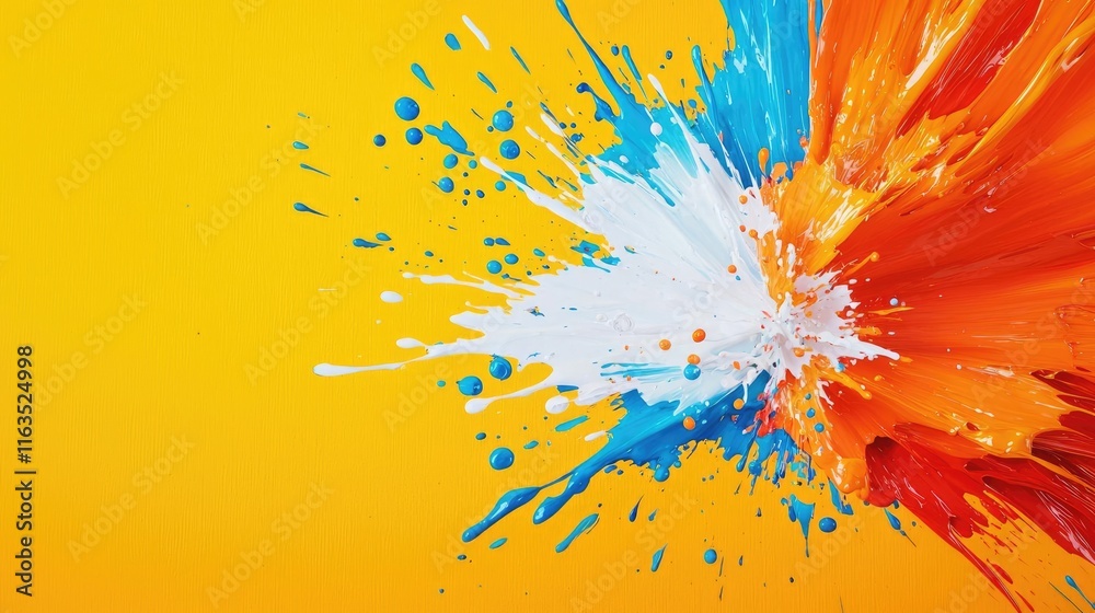 Poster splatter abstract background concept. vibrant paint splash in dynamic colors against a bright yellow