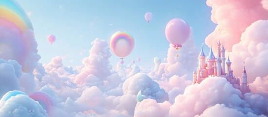 Pastel cloudscape with castle and hot air balloons.