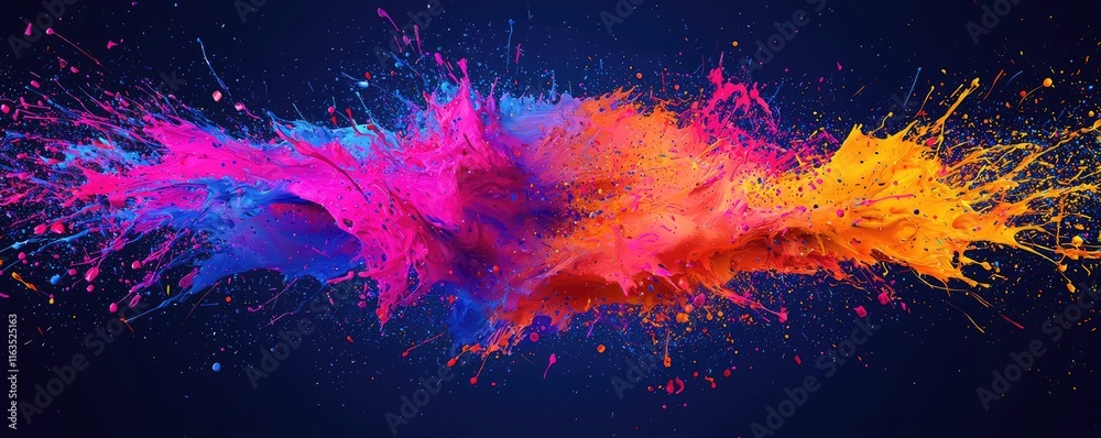 Poster Splatter abstract background concept. Vibrant color splash design with dynamic movement and contrasting hues on dark background.