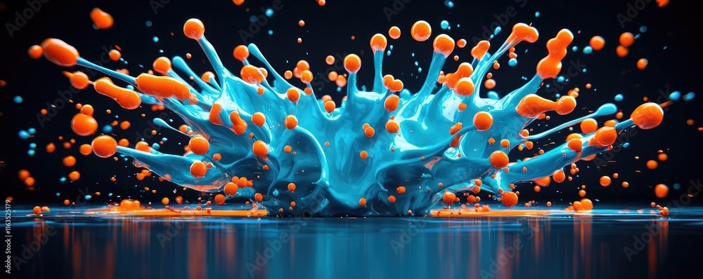 Poster Splatter abstract background concept. A captivating splash of blue and orange paint creating dynamic, vibrant shapes.